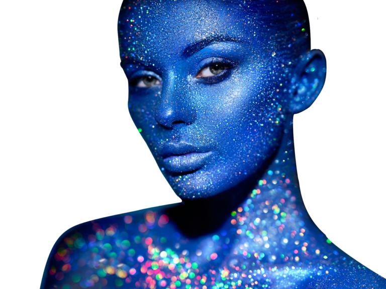 Frau im Blau von Hansa Werbung angemalt mit neonfarbenen Punkten